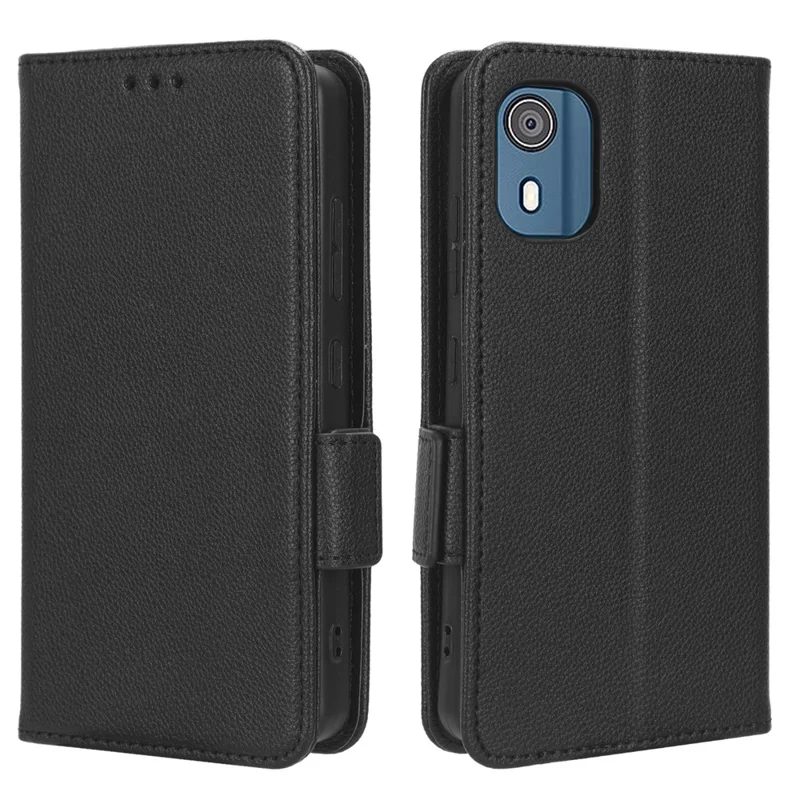 Wallet PU Leather Phone Case til Nokia C02, Litchi-struktur Stående Telefonbeskyttelse - Sort
