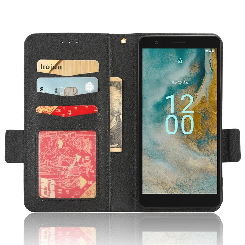 Wallet PU Leather Phone Case til Nokia C02, Litchi-struktur Stående Telefonbeskyttelse - Sort