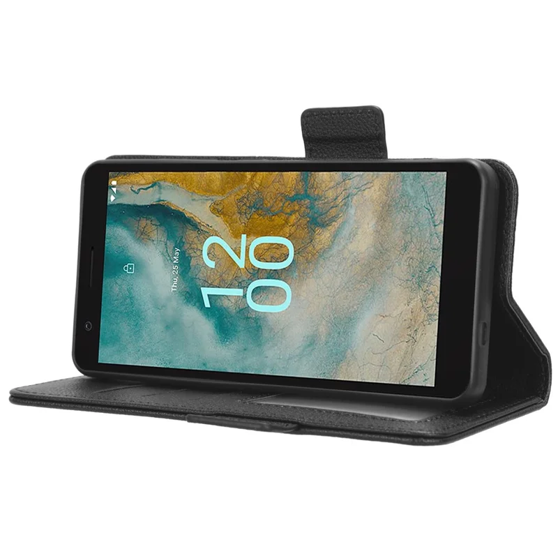 Wallet PU Leather Phone Case til Nokia C02, Litchi-struktur Stående Telefonbeskyttelse - Sort