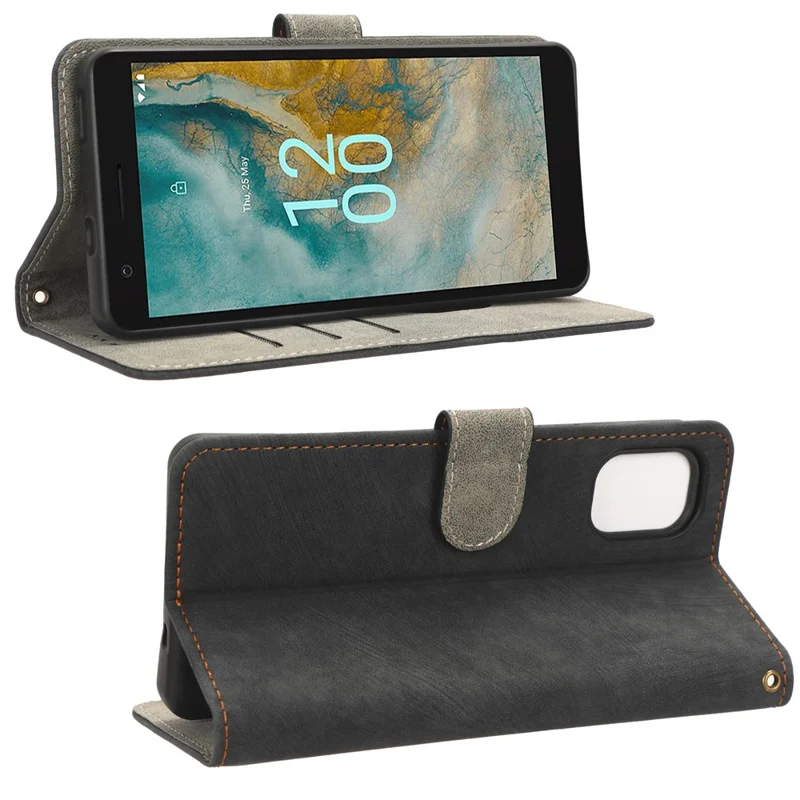 Para Nokia C02 Anti-Scratch PU Leather Cover Stand Phone Case RFID Blocking Wallet with Strap - Negro