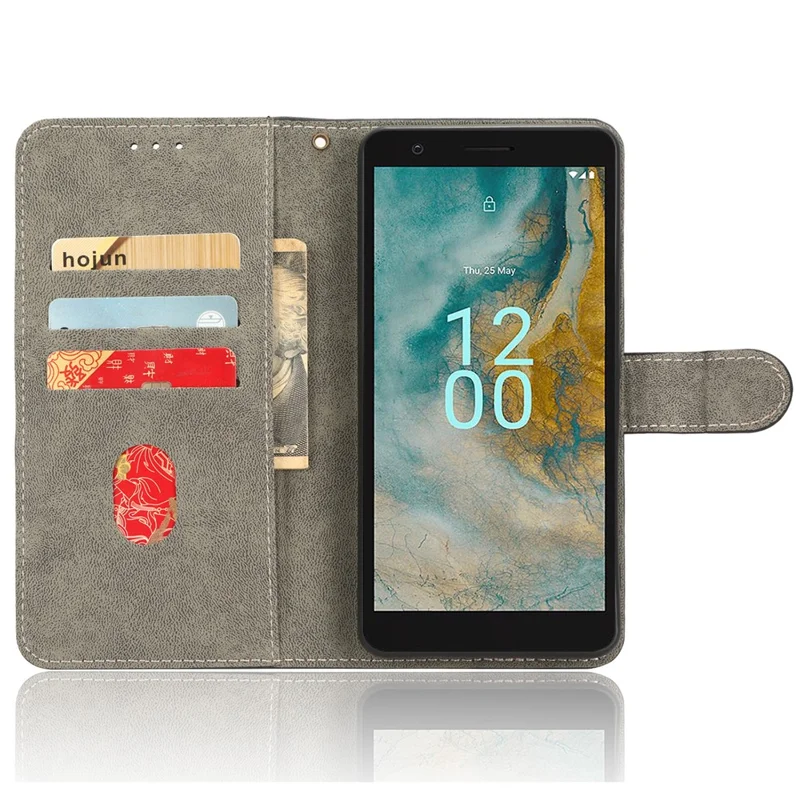 For Nokia C02 Anti-Scratch PU Leather Cover Stand Phone Case RFID Blocking Wallet with Strap - Brown