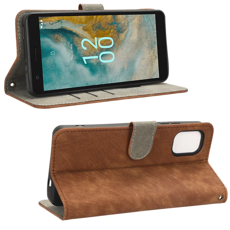 For Nokia C02 Anti-Scratch PU Leather Cover Stand Phone Case RFID Blocking Wallet with Strap - Brown