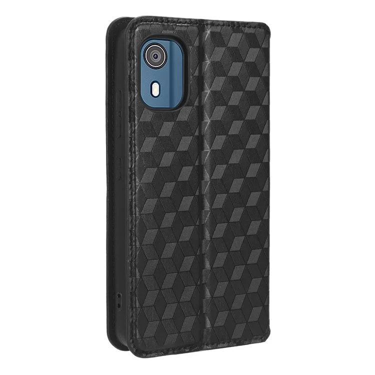 For Nokia C02 Phone Stand Shell Case Wallet PU Leather Rhombus Imprinted Anti-drop Phone Cover - Black