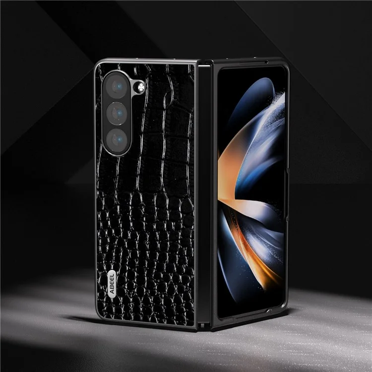 ABEEL para Samsung Galaxy Z Fold5 5G Funda de piel de vaca y PC con textura de cocodrilo - Negro