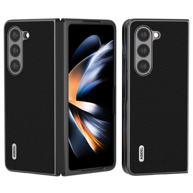 ABEEL Für Samsung Galaxy Z Fold5 5G Genuine Cow Leather + Hard PC Shell Black Edge Phone Case Cover - Schwarz