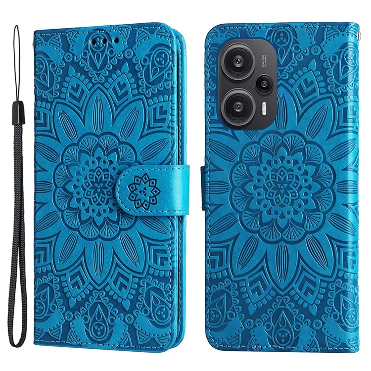 Чехол для телефона Xiaomi Redmi Note 12 Turbo / Poco F5 5G, кожаный бумажник с тиснением в виде подсолнуха, подставка - синий