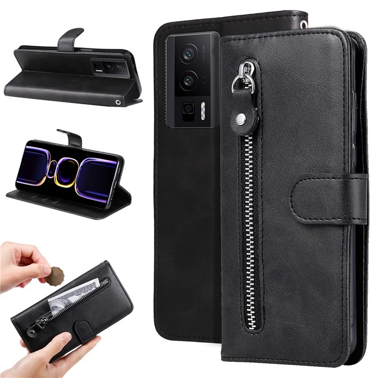 Para Xiaomi Redmi K60 Pro 5G / K60 5G / Poco F5 Pro 5G Capa de Telefone Stand Shell Textura de Bezerro Bolso com Zíper Carteira Tampa - Preto