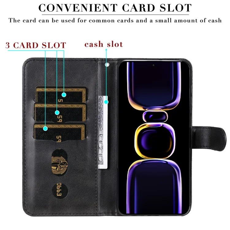 Para Xiaomi Redmi K60 Pro 5G / K60 5G / Poco F5 Pro 5G Capa de Telefone Stand Shell Textura de Bezerro Bolso com Zíper Carteira Tampa - Preto