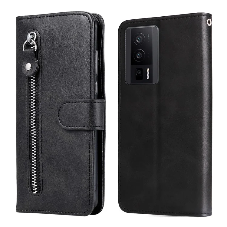 Para Xiaomi Redmi K60 Pro 5G / K60 5G / Poco F5 Pro 5G Capa de Telefone Stand Shell Textura de Bezerro Bolso com Zíper Carteira Tampa - Preto