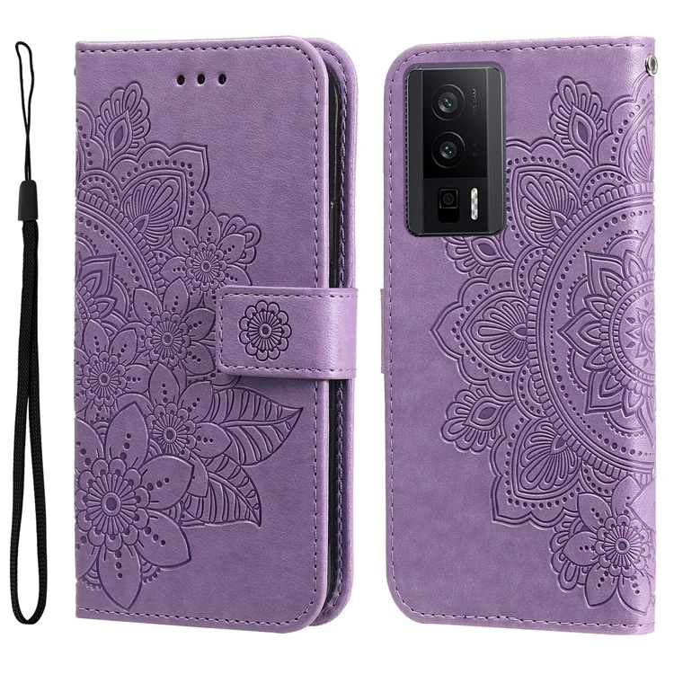 Para Xiaomi Poco F5 Pro 5G / Redmi K60 Pro 5G / K60 5G Imprinted Flower Leather Case Stand Wallet Shockproof Phone Cover - Púrpura