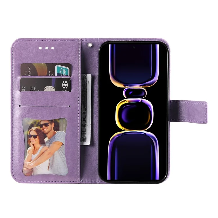 Para Xiaomi Poco F5 Pro 5G / Redmi K60 Pro 5G / K60 5G Imprinted Flower Leather Case Stand Wallet Shockproof Phone Cover - Púrpura