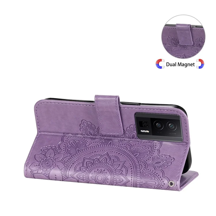 Para Xiaomi Poco F5 Pro 5G / Redmi K60 Pro 5G / K60 5G Imprinted Flower Leather Case Stand Wallet Shockproof Phone Cover - Púrpura