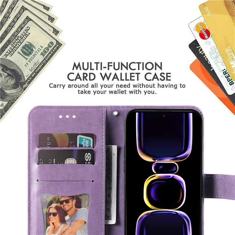 Para Xiaomi Poco F5 Pro 5G / Redmi K60 Pro 5G / K60 5G Imprinted Flower Leather Case Stand Wallet Shockproof Phone Cover - Púrpura