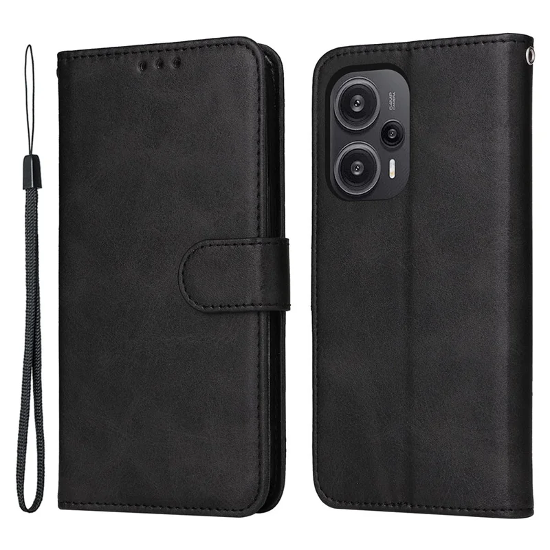 For Xiaomi Redmi Note 12 Turbo / Poco F5 5G PU Leather Wallet Cover Calf Texture Anti-scratch Stand Case with Strap - Black