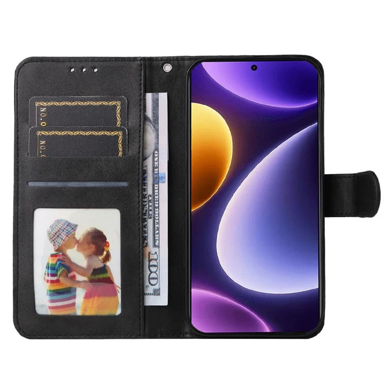 For Xiaomi Redmi Note 12 Turbo / Poco F5 5G PU Leather Wallet Cover Calf Texture Anti-scratch Stand Case with Strap - Black