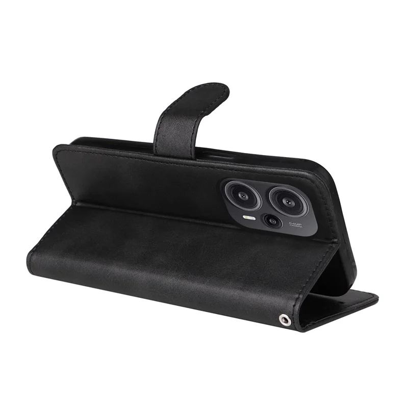 For Xiaomi Redmi Note 12 Turbo / Poco F5 5G PU Leather Wallet Cover Calf Texture Anti-scratch Stand Case with Strap - Black