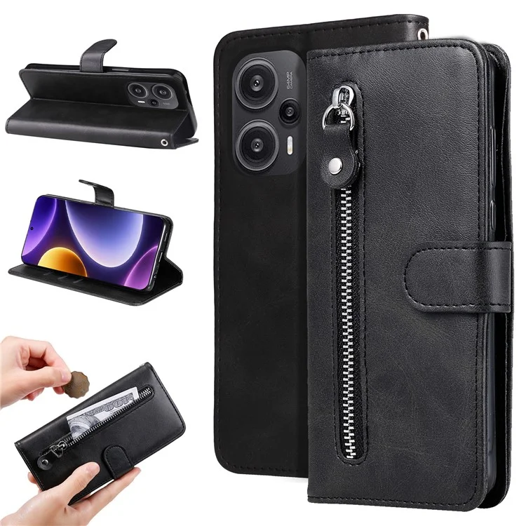 For Xiaomi Redmi Note 12 Turbo / Poco F5 5G Calf Texture Phone Case Stand Zipper Pocket Wallet Cover - Black