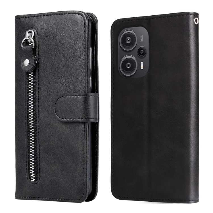 For Xiaomi Redmi Note 12 Turbo / Poco F5 5G Calf Texture Phone Case Stand Zipper Pocket Wallet Cover - Black