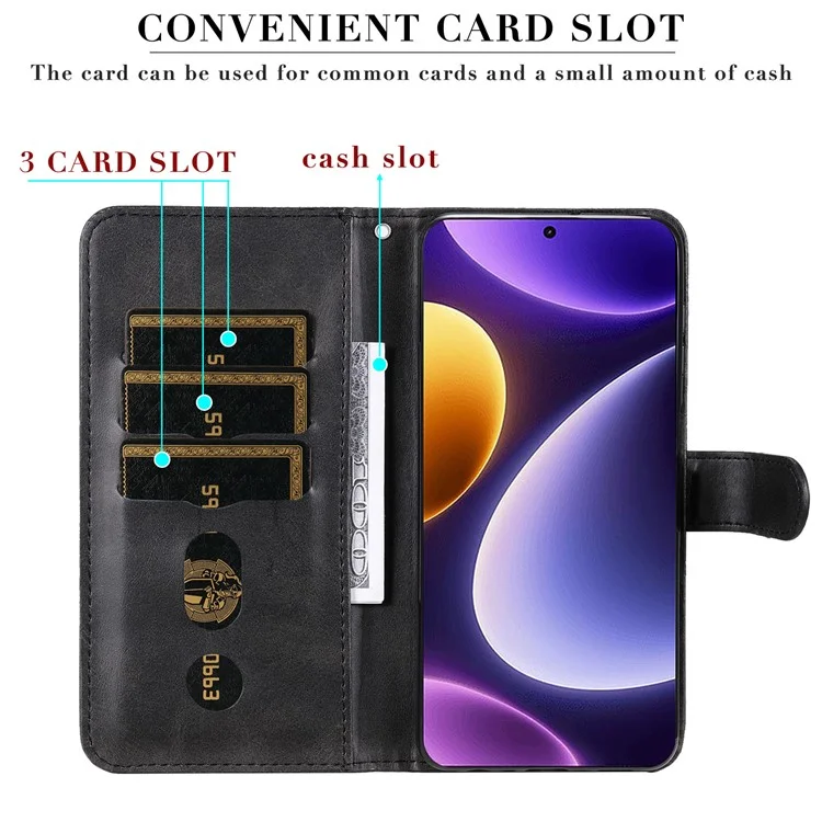 For Xiaomi Redmi Note 12 Turbo / Poco F5 5G Calf Texture Phone Case Stand Zipper Pocket Wallet Cover - Black