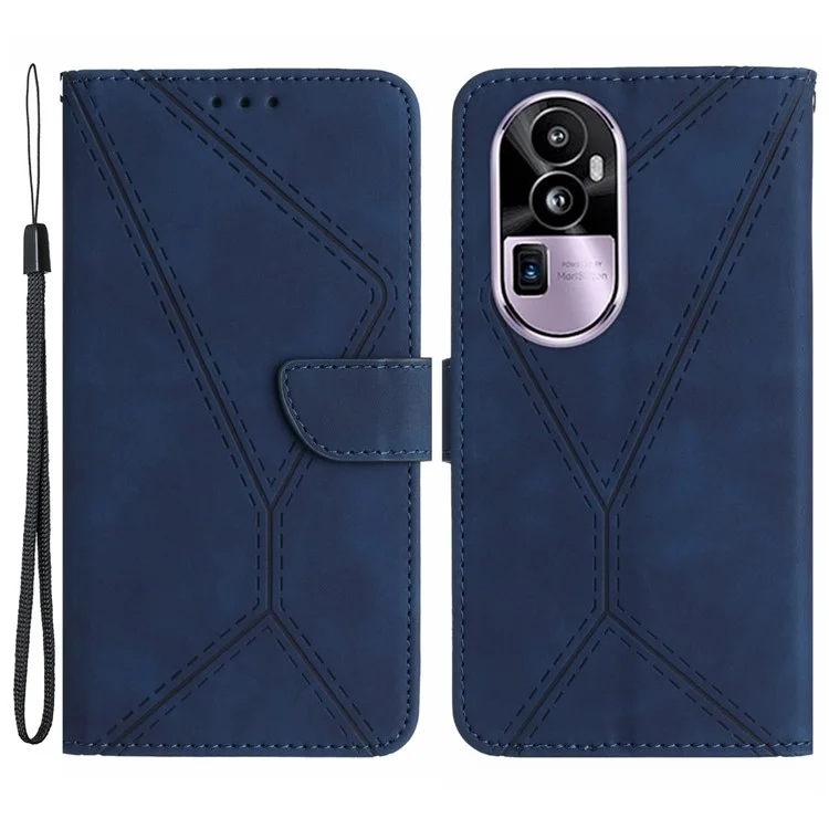 HT05 Flip Leather Cover for Oppo Reno10 Pro+ 5G , Skin-touch Feeling Stand Wallet Imprinted Line Phone Case - Blue
