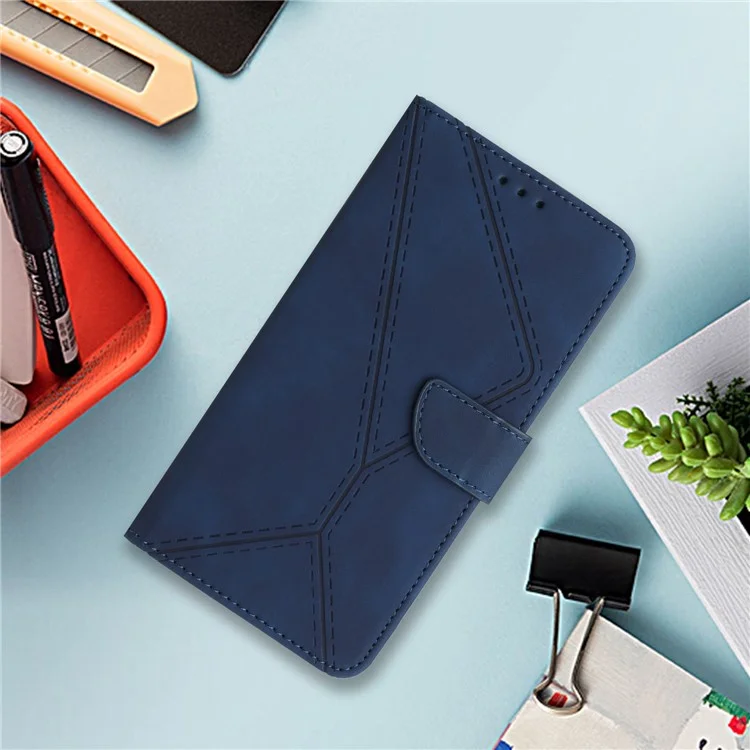 HT05 Flip Leather Cover for Oppo Reno10 Pro+ 5G , Skin-touch Feeling Stand Wallet Imprinted Line Phone Case - Blue