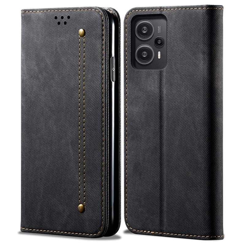 For Xiaomi Redmi Note 12 Turbo / Poco F5 5G PU Leather Case Stand Wallet Jeans Cloth Texture Phone Cover - Black