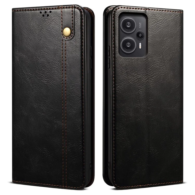 Custodia in Pelle Crazy Horse Texture per Xiaomi Redmi Note 12 Turbo / Poco F5 5G con Supporto e Portafoglio - Colore Nero