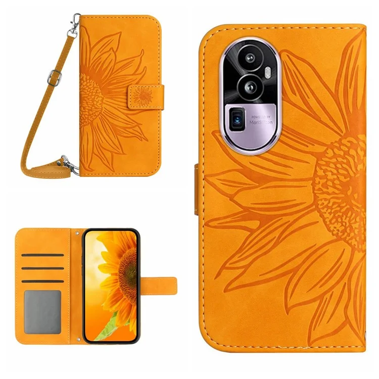 HT04 PU-Leder-Handyhülle für Oppo Reno10 Pro+ 5G Sonnenblumen-Prägung Brieftasche Ständer Cover mit Schultergurt - Gelb