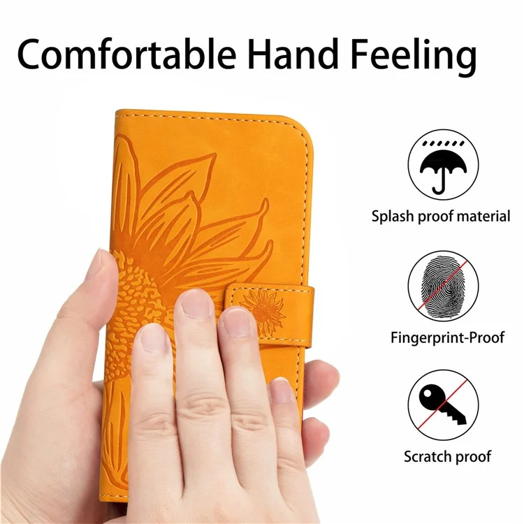 HT04 PU-Leder-Handyhülle für Oppo Reno10 Pro+ 5G Sonnenblumen-Prägung Brieftasche Ständer Cover mit Schultergurt - Gelb