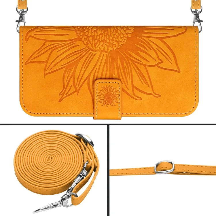 HT04 PU-Leder-Handyhülle für Oppo Reno10 Pro+ 5G Sonnenblumen-Prägung Brieftasche Ständer Cover mit Schultergurt - Gelb