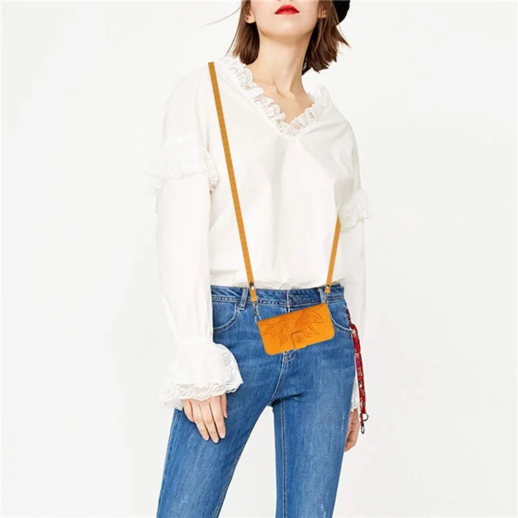 HT04 PU-Leder-Handyhülle für Oppo Reno10 Pro+ 5G Sonnenblumen-Prägung Brieftasche Ständer Cover mit Schultergurt - Gelb