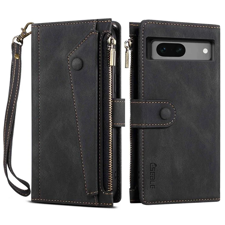 ESEBLE Star Series Phone Stand Case para Google Pixel 7a Zipper Pocket Carteira Capa de Telefone de Couro - Preto