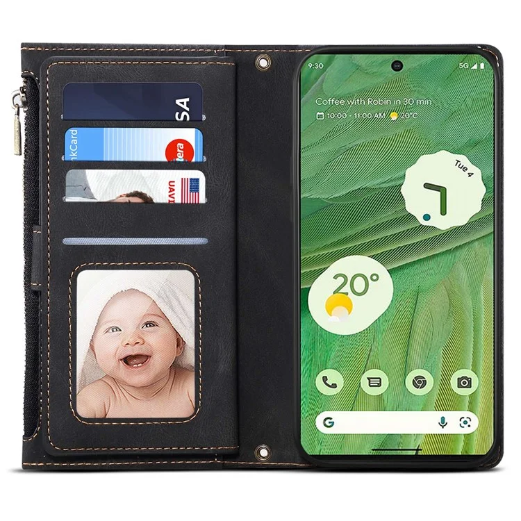 ESEBLE Star Series Phone Stand Case para Google Pixel 7a Zipper Pocket Carteira Capa de Telefone de Couro - Preto