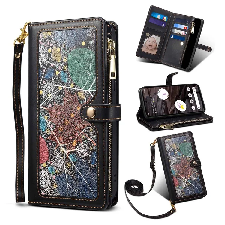 ESEBLE for Google Pixel 7a PU Leather Phone Case Zipper Pocket RFID Blocking Wallet Stand Cover - Black