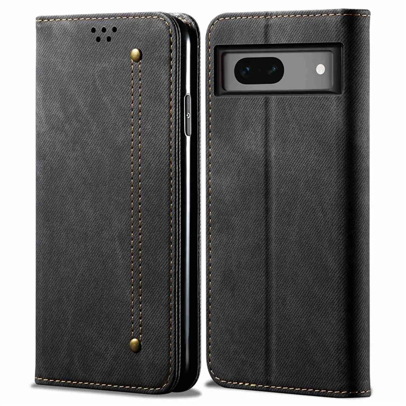For Google Pixel 7a PU Leather Case Stand Wallet Anti-scratch Jeans Cloth Texture Phone Cover - Black