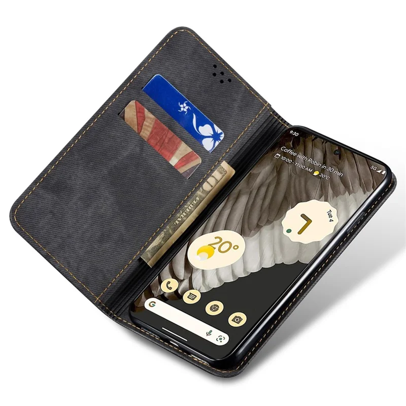 For Google Pixel 7a PU Leather Case Stand Wallet Anti-scratch Jeans Cloth Texture Phone Cover - Black