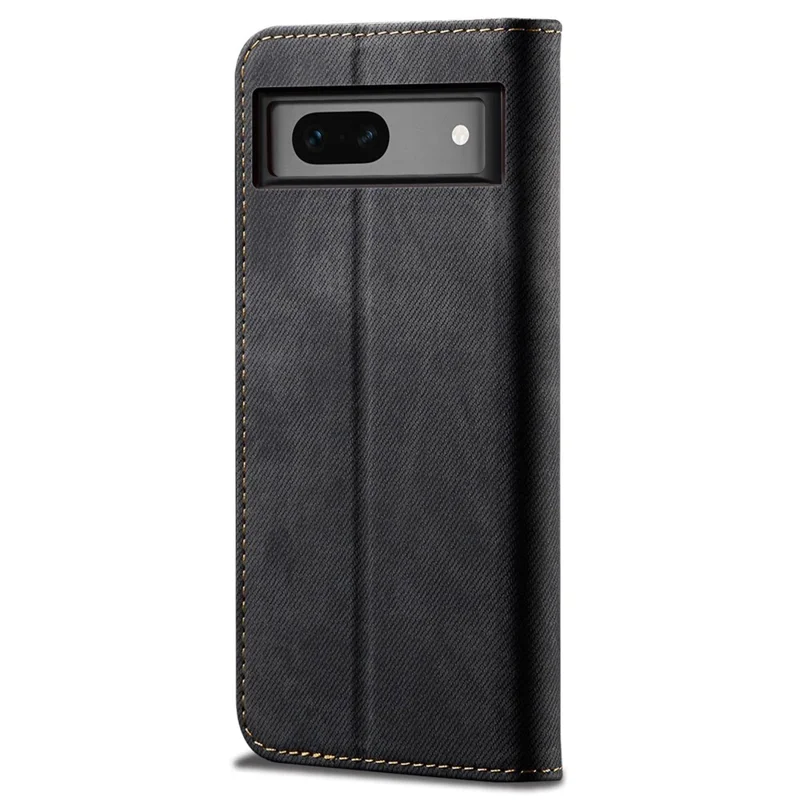For Google Pixel 7a PU Leather Case Stand Wallet Anti-scratch Jeans Cloth Texture Phone Cover - Black
