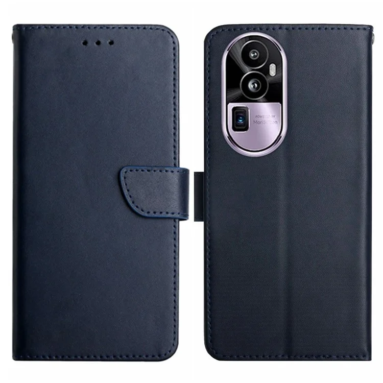 HT02 Echtes Rindsleder-Handyhülle für Oppo Reno10 Pro+ 5G, Nappa-Textur Wallet Stand Cover - Blau