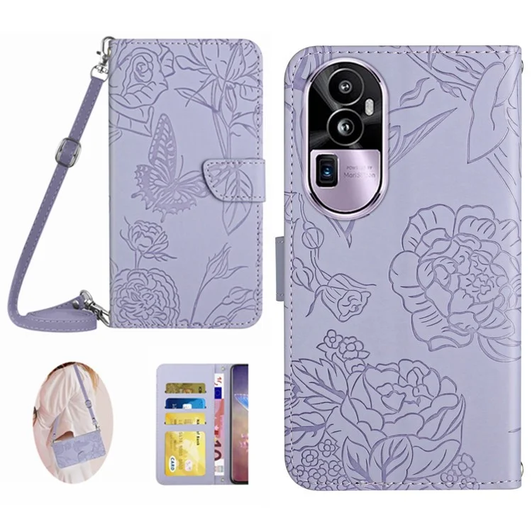 HT03 Skin-touch Feeling Phone Case für Oppo Reno10 Pro+ 5G Wallet Leder Schmetterlinge Blumen Geprägt Ständer Cover - Lila