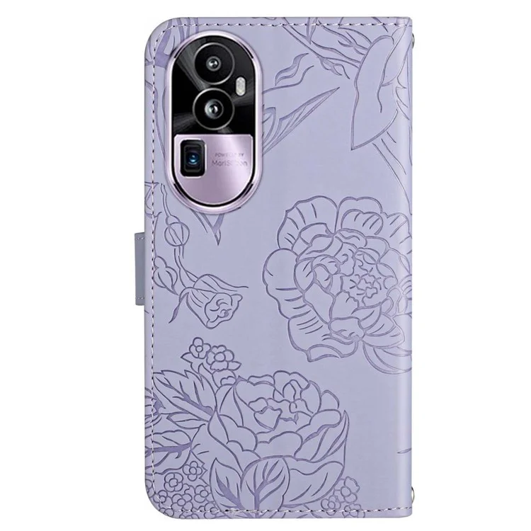 HT03 Skin-touch Feeling Phone Case für Oppo Reno10 Pro+ 5G Wallet Leder Schmetterlinge Blumen Geprägt Ständer Cover - Lila