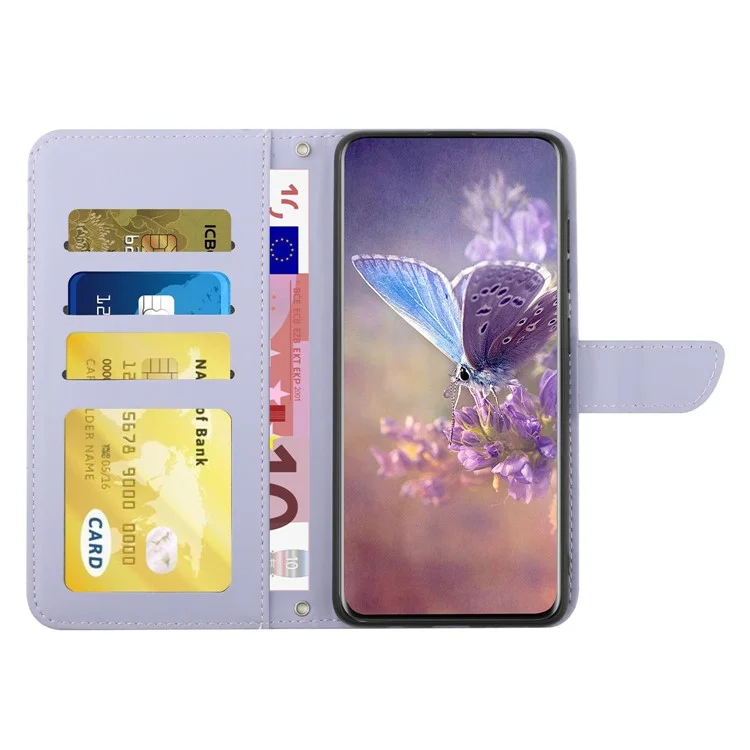 HT03 Skin-touch Feeling Phone Case für Oppo Reno10 Pro+ 5G Wallet Leder Schmetterlinge Blumen Geprägt Ständer Cover - Lila