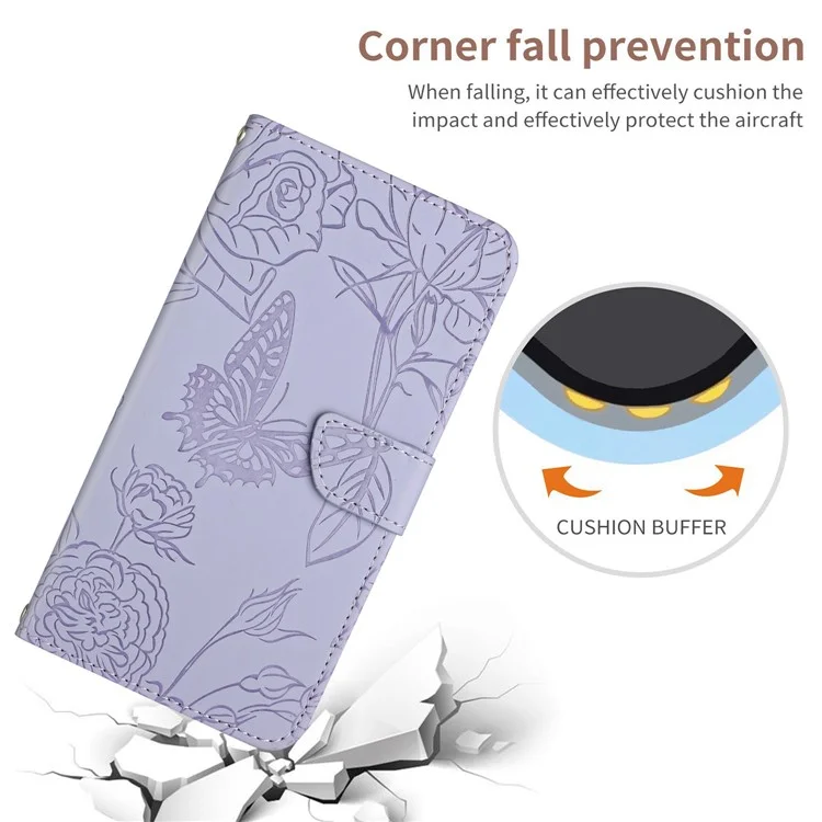 HT03 Skin-touch Feeling Phone Case für Oppo Reno10 Pro+ 5G Wallet Leder Schmetterlinge Blumen Geprägt Ständer Cover - Lila