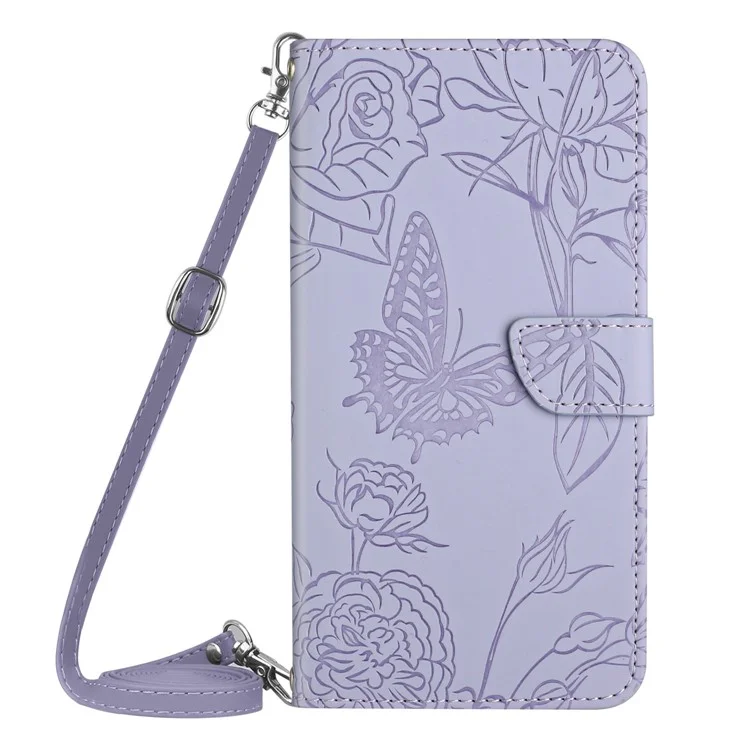HT03 Skin-touch Feeling Phone Case für Oppo Reno10 Pro+ 5G Wallet Leder Schmetterlinge Blumen Geprägt Ständer Cover - Lila