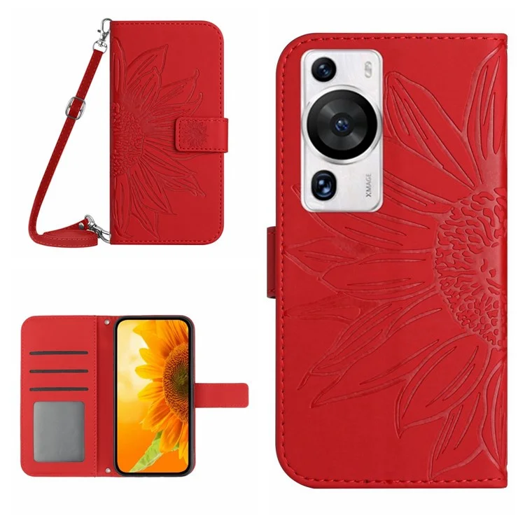 HT04 Für Huawei P60 / P60 Pro Sonnenblume Prägung Handyhülle Leder Ständer Geldbörse mit Schultergurt - Rot