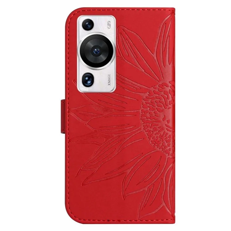 HT04 Für Huawei P60 / P60 Pro Sonnenblume Prägung Handyhülle Leder Ständer Geldbörse mit Schultergurt - Rot