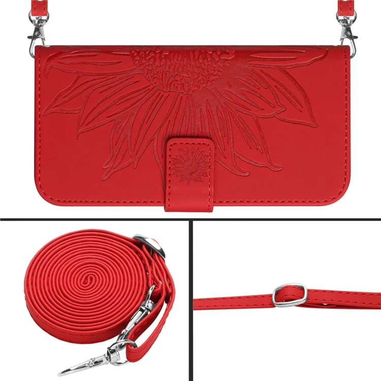 HT04 Für Huawei P60 / P60 Pro Sonnenblume Prägung Handyhülle Leder Ständer Geldbörse mit Schultergurt - Rot
