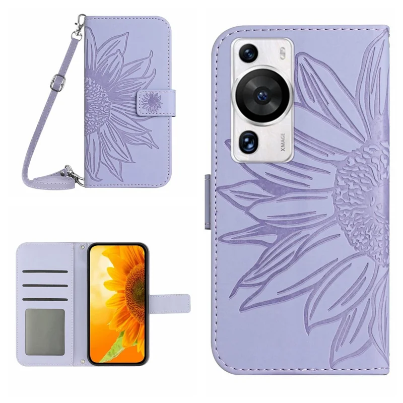 HT04 For Huawei P60 / P60 Pro Sunflower Imprinting Phone Case Leather Stand Wallet Cover with Shoulder Strap - Light Purple