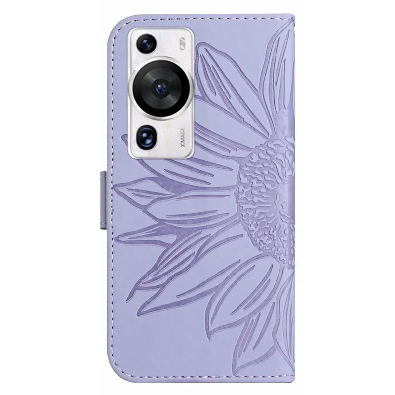 HT04 For Huawei P60 / P60 Pro Sunflower Imprinting Phone Case Leather Stand Wallet Cover with Shoulder Strap - Light Purple