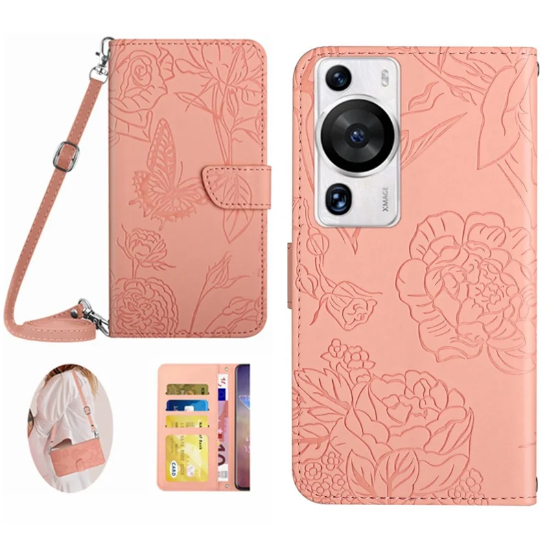 Étui pour téléphone HT03 pour Huawei P60 / P60 Pro Portefeuille en cuir PU Support à rabat Papillon Fleurs Imprimés Housse avec bandoulière - Rose