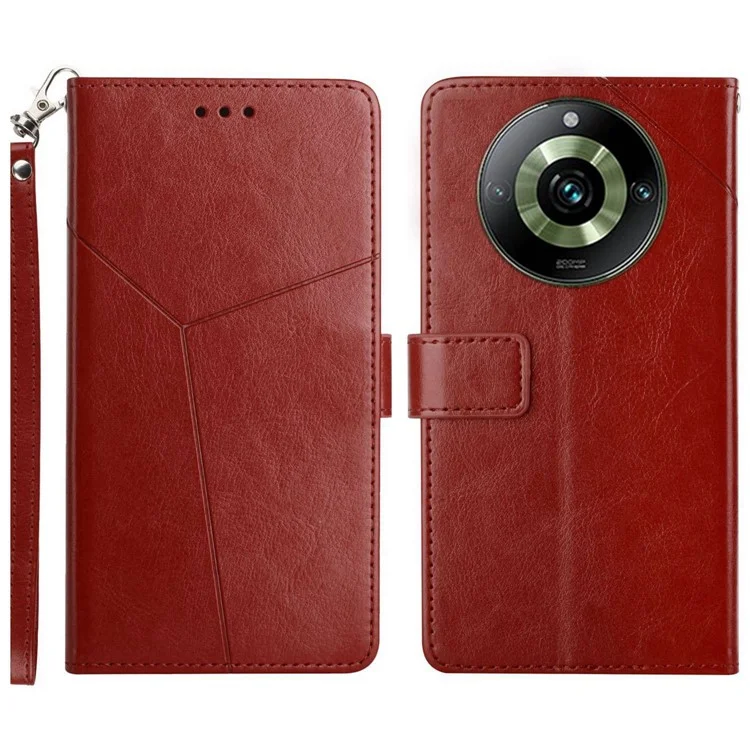 HT01 Per Realme 11 Pro+ 5G / 11 Pro 5G Wallet Y-shaped Line PU Pelle Smartphone Guscio Caso Imprimatura Telefono Stand Cover - Marrone